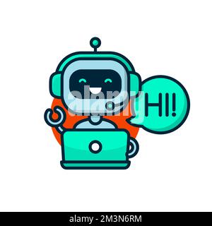 Chatbot icon. Cute smiling robot say Hi behind laptop. Virtual assistant avatar icon. Support customer service chatbot icon. Vector modern icon Stock Vector