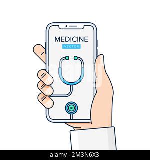 Online doctor consultation vector illustration. Doctor's hand holding smartphone with stethoscope on screen. Phone with medical app. Vector Stock Vector
