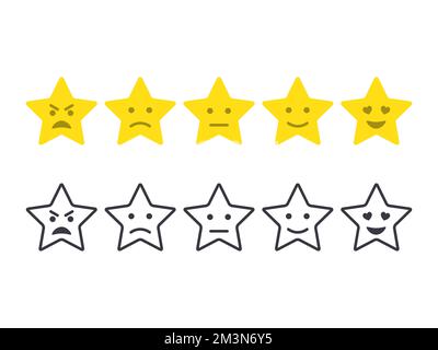 Feedback emoticon stars. Survey stars smiley set. Customer experience evaluation. Rating system stars. Level of satisfaction rating. Vector icons Stock Vector