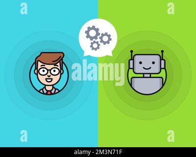 Chatbot concept. Man chatting with chat bot. Interaction with customer support robot. Changing settings with a bot online. Conversation with chatbot Stock Vector