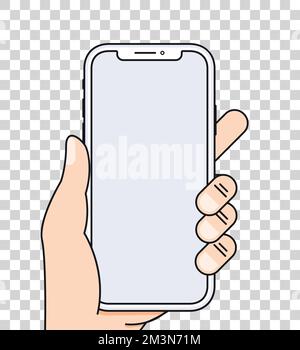 Hand holding phone vector illustration in flat line style.  Smartphone in hand isolated on transparent background Stock Vector