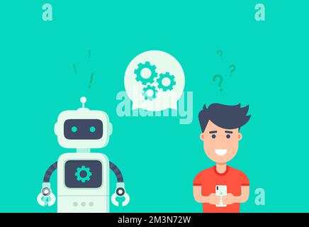 Chatbot concept. Customer service robot. Man chatting with chat bot. User ask robot the question and get an answer. Change settings with bot Stock Vector