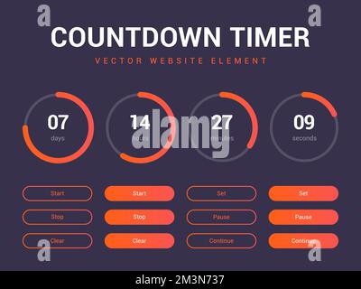 Countdown timer vector website element with buttons. Flat digital clock timer application template. Countdown timer for coming soon Stock Vector