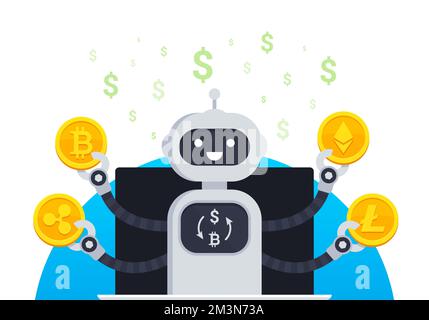 Cryptocurrency trading bot vector illustration concept. Bot makes money from cryptocurrency exchanges. Bot under the money rain from the laptop Stock Vector