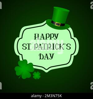 ST PATRICKS DAY greeting cart with four-leaf clover and leprechaun hat. Vector illustration. Stock Vector