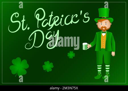 SAINT PATRICK'S DAY greeting card. Man in leprechaun suit drinking green beer. Vector. Stock Vector