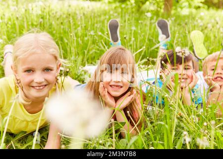 Portrait of happy boys and girls lying on front in meadow at park during vacation Stock Photo