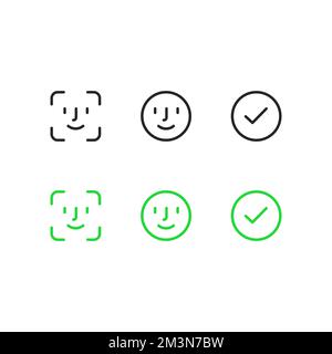 Face id icons. Face scanning process icons. Facial recognition system symbols. Facial detection icons. Vector icons on white background Stock Vector