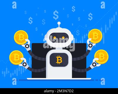 Cryptocurrency trading bot. Bot trades on cryptocurrency market. Cryptocurrency trading bot makes money on bitcoin. Bot out of laptop screen Stock Vector