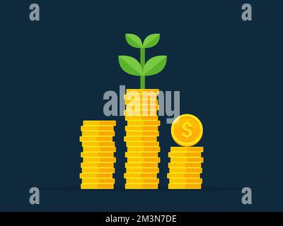 Money growth concept. Stack of golden with growing plant. Income increase illustration concept. Investment productivity growth. Vector illustration Stock Vector