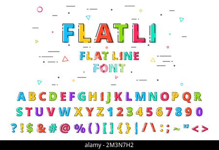 FLATLI. Flat line font. Latin alphabet, numbers, symbols. Cute modern bold typeface with capital symbols. Vector illustration Stock Vector