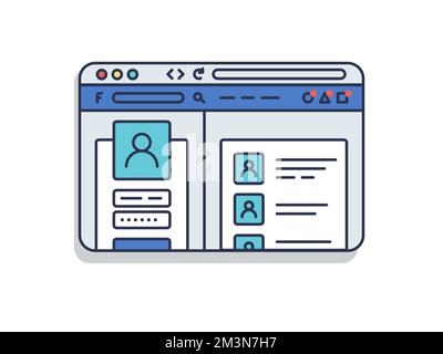 Internet browser window with open social network web page in flat line style. Vector outline object isolated on white background Stock Vector