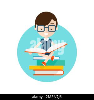 Read books icon. Student sitting on stock of books and reading. Young man preparing for exams at university or school. Icon of education and learning Stock Vector