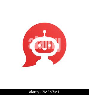 Robot in red speech bubble on white background. Cute robot icon in speech bubble. Support service bot. Vector illustration Stock Vector