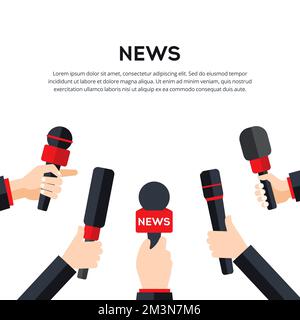 News interview vector illustration. Hands with microphones on white background. Mass media TV newscast illustration concept. Vector illustration Stock Vector