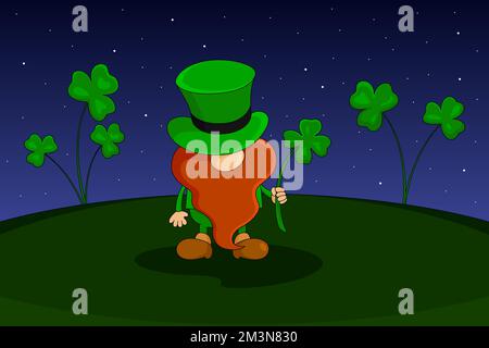 Leprechaun hold four leaf clover. Vector illustration. Stock Vector