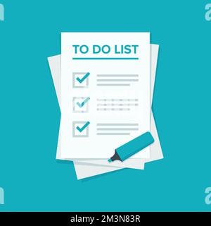 To do list or planning icon concept. All tasks are completed. Paper sheets with check marks, abstract text and marker. Vector flat illustration Stock Vector