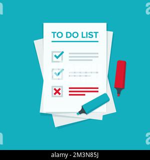 To do list or planning icon concept. One task failed. Paper sheets with check marks, abstract text and marker. Vector flat illustration Stock Vector