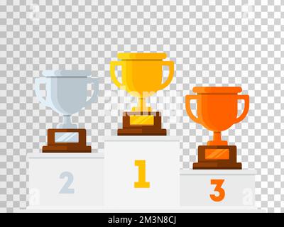 Winners podium with gold, silver and bronze trophy award cups vector illustration isolated on transparent background Stock Vector