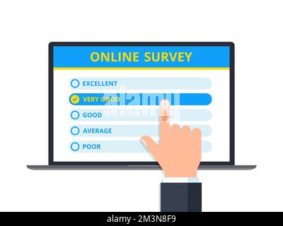 Online survey form on laptop screen with the index finger. Positive customer service feedback concept. Business hand give very good rating. Vector Stock Vector
