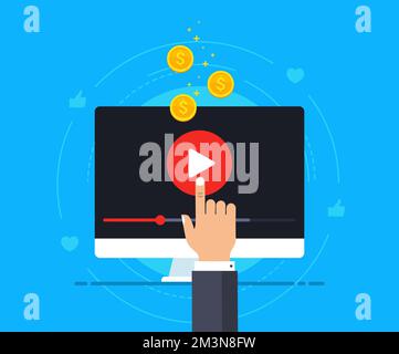 Video marketing icon concept. Making money from video content. Computer with video player and coins falling down on it. Vector illustration Stock Vector