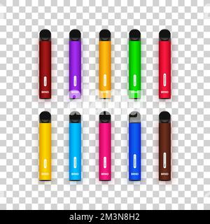 Set of colorful disposable electronic cigarettes in different flavors on transparent background. Modern smoking devices in different colours with shad Stock Vector