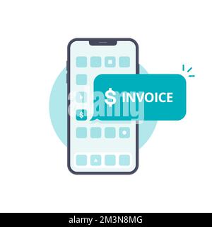 Invoice on smartphone app. Digital bill on mobile phone icon concept. Notification message on telephone with invoice payment. Online bill payment on s Stock Vector