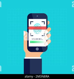 Fingerprint scanning on smartphone. Identification system. Biometric authorization and business security concept. Vector illustration Stock Vector