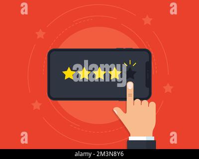 We want your feedback illustration concept. Hand want to give five star rating on smartphone. Business survey on mobile phone. Banner for promotion Stock Vector