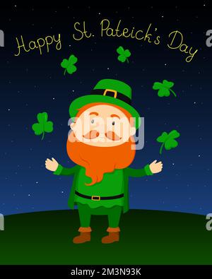 St. Patrick's Day card. Leprechaun and clover. Vector illustration. Stock Vector