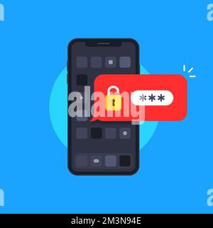 Smartphone password illustration. Mobile phone with unlocked password bubble notification. Phone with locked app on screen. Vector illustration Stock Vector