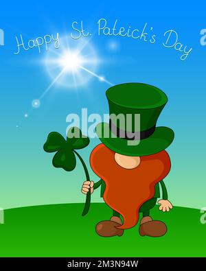 Happy St. Patrick's Day card. Leprechaun hold shamrock. Vector illustration. Stock Vector