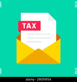 Tax mail icon. Envelope with tax file. Email message received with bill document. Tax document email attachment. Paper bank mail document icon. Vector Stock Vector