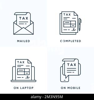 Tax return form icon set. Contains such Icons as Letter with Tax return form file, Complited Tax return form, Tax return form. Vector icons Stock Vector