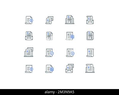 Tax, Bill, Invoice, Receipt flat line icon collection. Payment and bill invoice. Paper finance document outline icon set. Order and Tax return symbols Stock Vector
