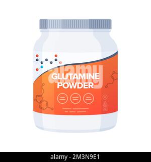 L-Glutamine Powder supplement bottle. Plastic bottle of amino acids powder. Vector illustration Stock Vector