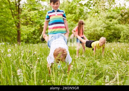 Multiracial male and female friends having fun during wheelbarrow race competition in garden Stock Photo