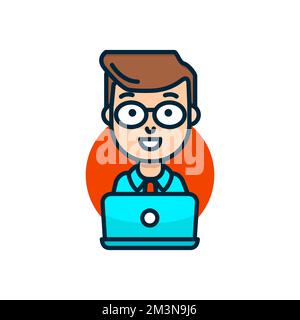 Man behind laptop vector illustration. Smiling businessman in glasses working behind desktop. Modern flat line style vector icon on white Stock Vector