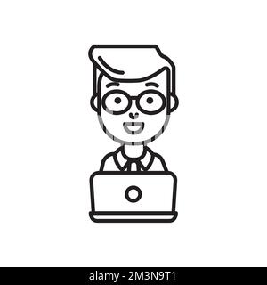 Man behind laptop vector illustration. Smiling businessman in glasses working behind computer. Modern flat outline vector icon Stock Vector
