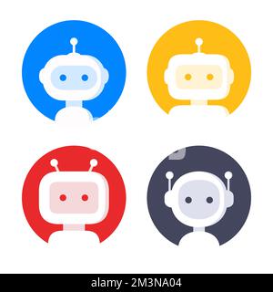 Robot in circle icon set. Bot sign design. Chatbot symbol, logo template. Modern flat style cartoon character illustrations isolated on white Stock Vector
