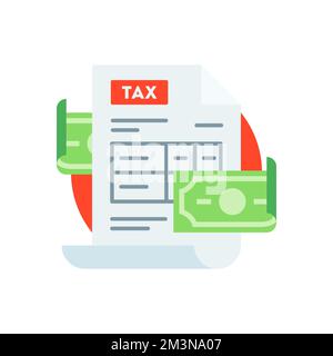 Tax return form icon. Paper document with cash in circle. Completed income taxation page. Vector flat style icon Stock Vector