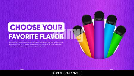 Disposable electronic cigarette vector banner. Colorful disposable e-cigarettes with different flavors in circle with place for your text. Vape banner Stock Vector