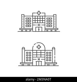 Hospital icons. Set of medicine buildings. Medical center signs concept in flat line style. Private clinic symbols. Vector modern illustration Stock Vector