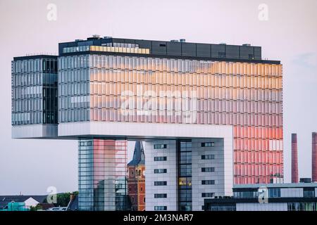 30 July 2022, Cologne, Germany: Appartment houses in Crane residential building at Rheinauhafen Stock Photo