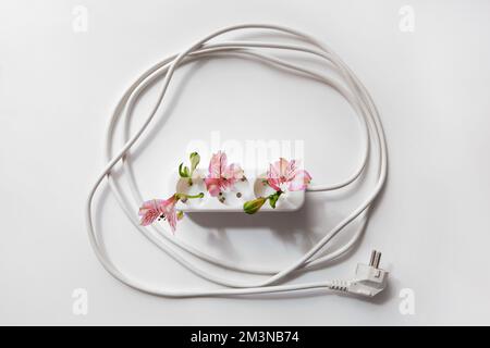 Renewable energy, white power plug socket and pink flower isolated on white background. Climate change ecology and sustainable usage of green energy Stock Photo