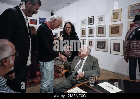 Tel Aviv, Israel. 15th Dec, 2022. Italian Israeli artist, painter and educator PIERO CIVIDALLI, 96, opens an 80 year retrospective exhibition at the RawArt Gallery and greets SERGIO BARBANTI, Italian Ambassador to Israel. Credit: Nir Alon/Alamy Live News
