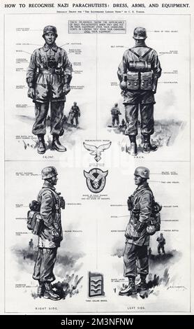 Drawings showing the front, back and side views of the uniforms worn by German paratroopers.  June 1940 Stock Photo