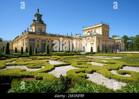 Historical palace at garden in Wilanow in european Warsaw city of Poland in Masovian voivodeship, clear blue sky in 2022 warm sunny spring day on May. Stock Photo
