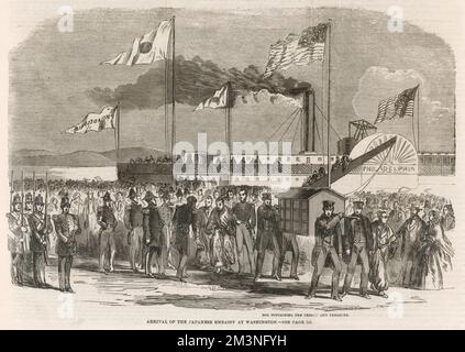 Arrival of the Japanese Ambassadors to the United States at Washington on board the steamship Philadelphia. A box containing the treaty and treasure is brought ashore. Naval officers escort the Japanese.     Date: 14th May 1860 Stock Photo
