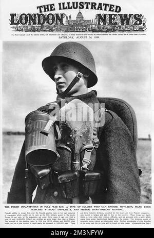 A Polish infantryman in full war kit complete with shovel. The Illustrated London News calls him 'a type of soldier who can endure privation, make long marches without difficulty, and prefers hand to hand fighting.'     Date: August 1939 Stock Photo